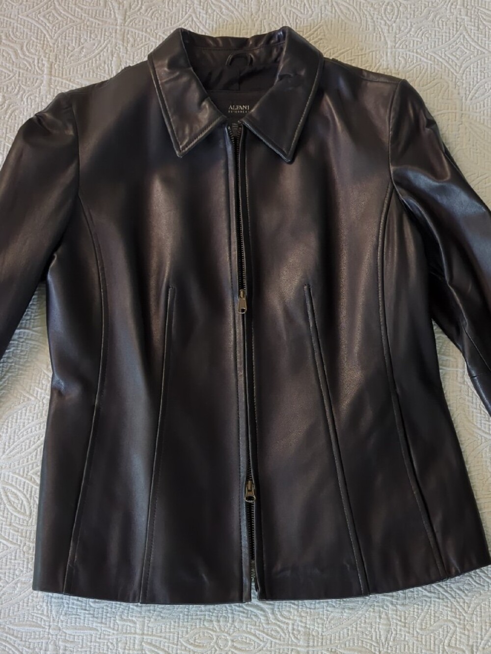 Alfani Black Leather Zip Jacket with Pointed Collar